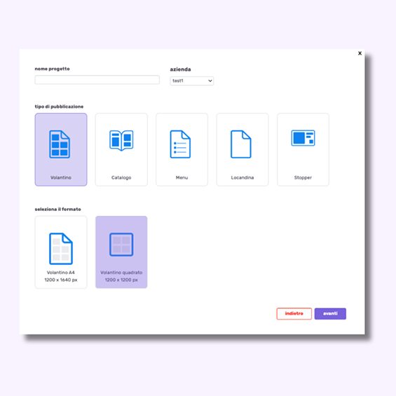 Seleziona il tipo di pubblicazione e formato