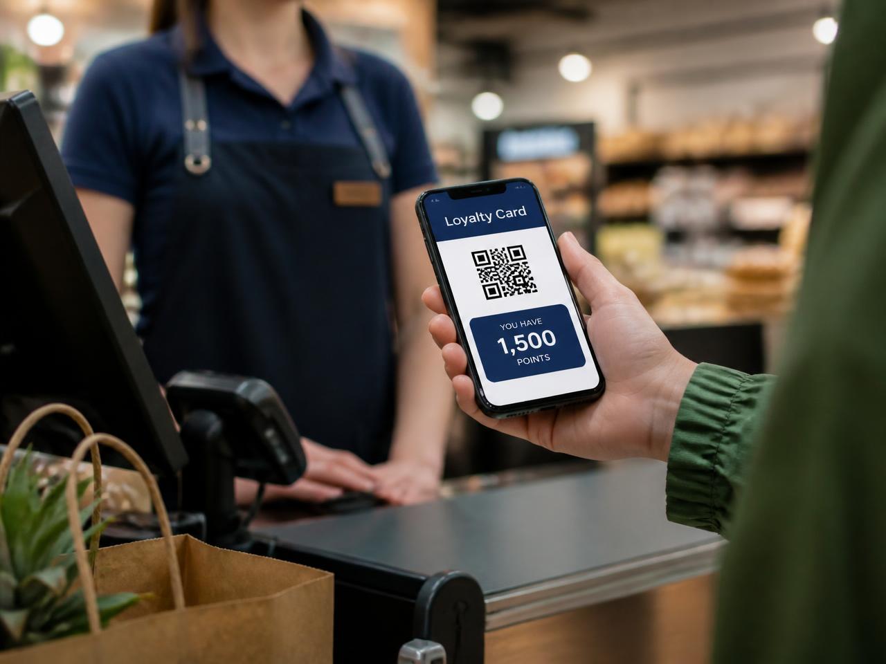 Customer showing a digital loyalty card on a smartphone at the checkout