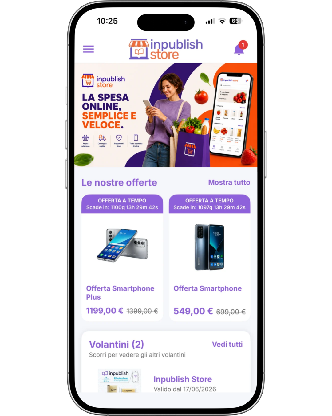 Preview of the inpublish suite mobile app: home with offers, flyers and loyalty