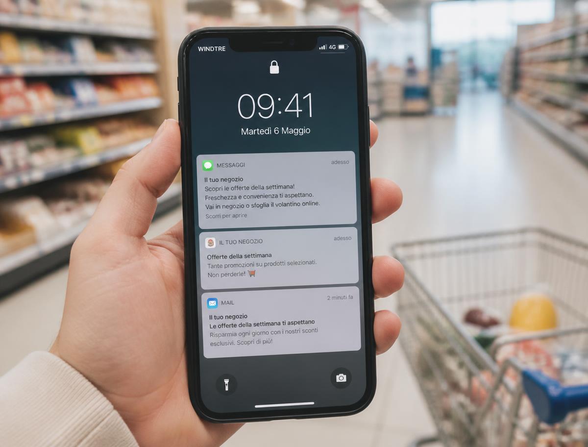 Smartphone showing SMS, push and email notifications from a store